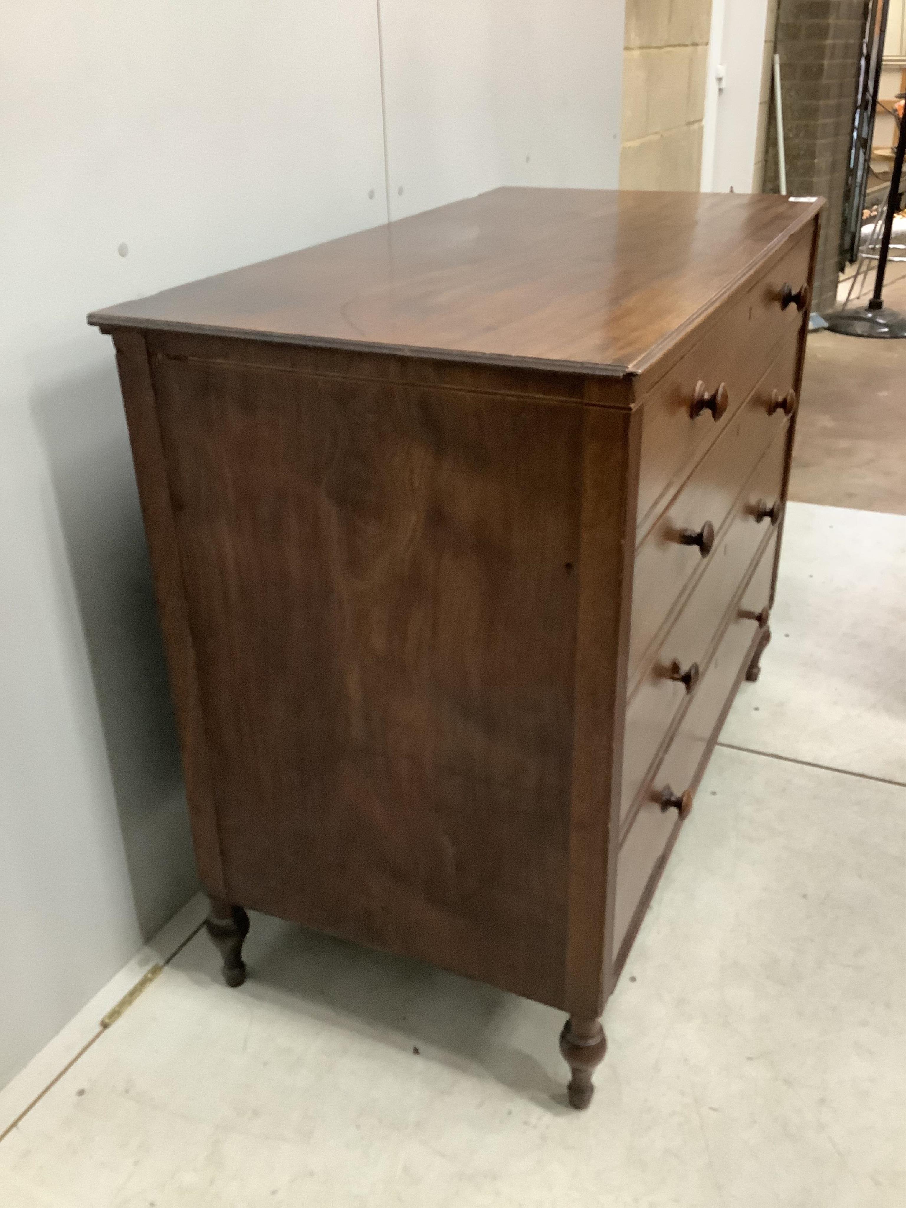 A Regency mahogany straight front chest of four drawers, with reeded pilasters, width 108cm, depth 55cm, height 87cm. Condition - poor to fair, some minor losses